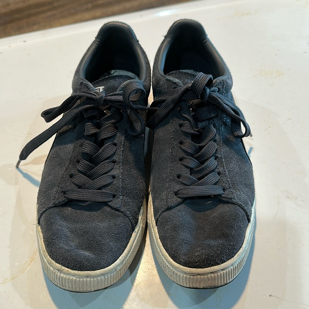 Puma Suede embossed Iced with grey with black swoosh and white sole.
